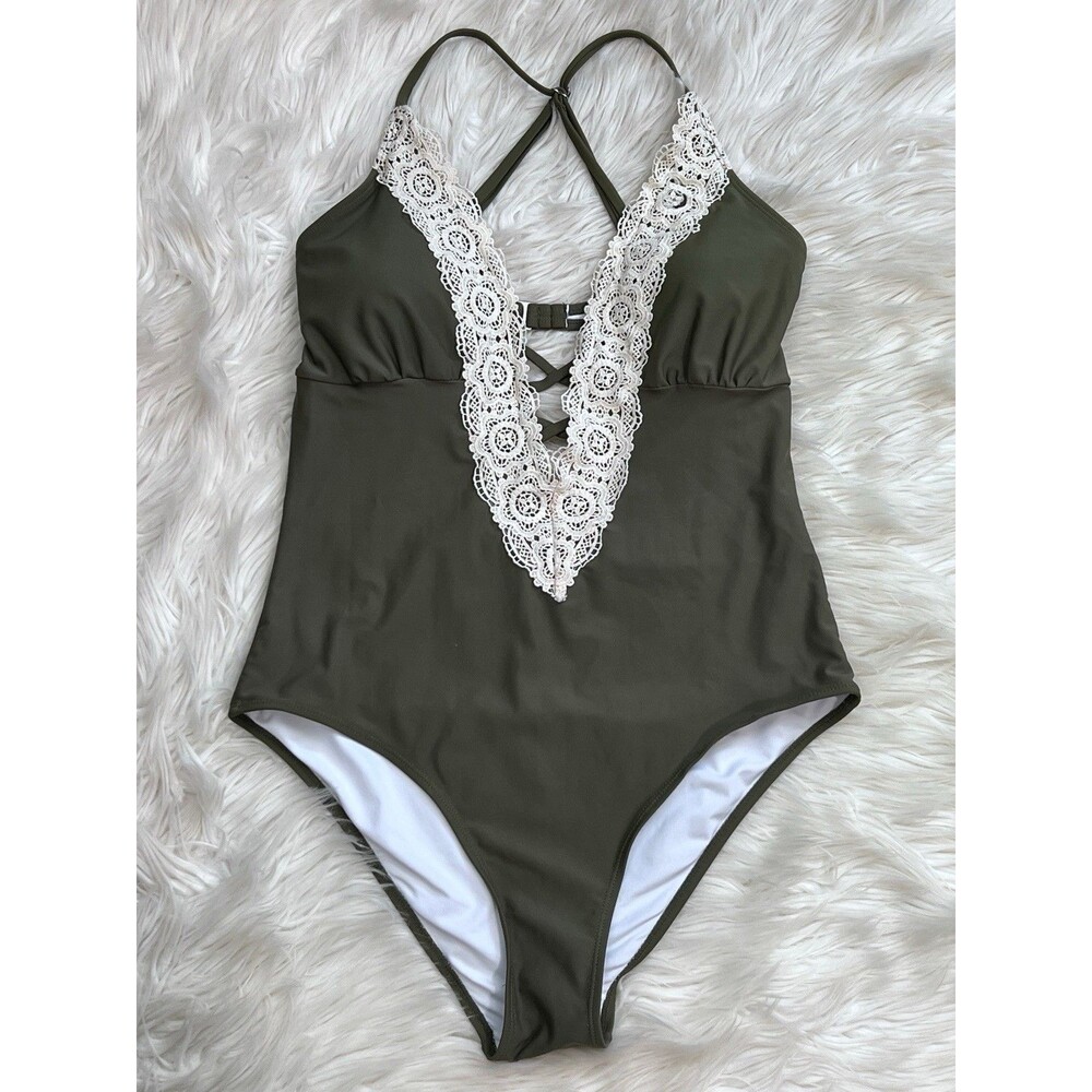 CUPSHE Olive Green Lace One Piece Swimsuit Crochet V Neck Monokini Padded XL